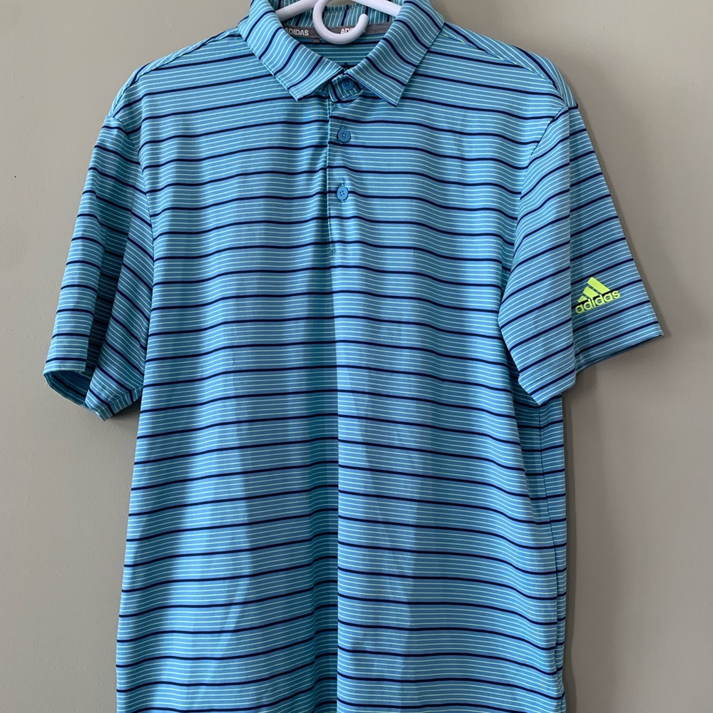Men’s Adidas Active Blue Striped Polo Short Sleeved Shirt in Size Medium